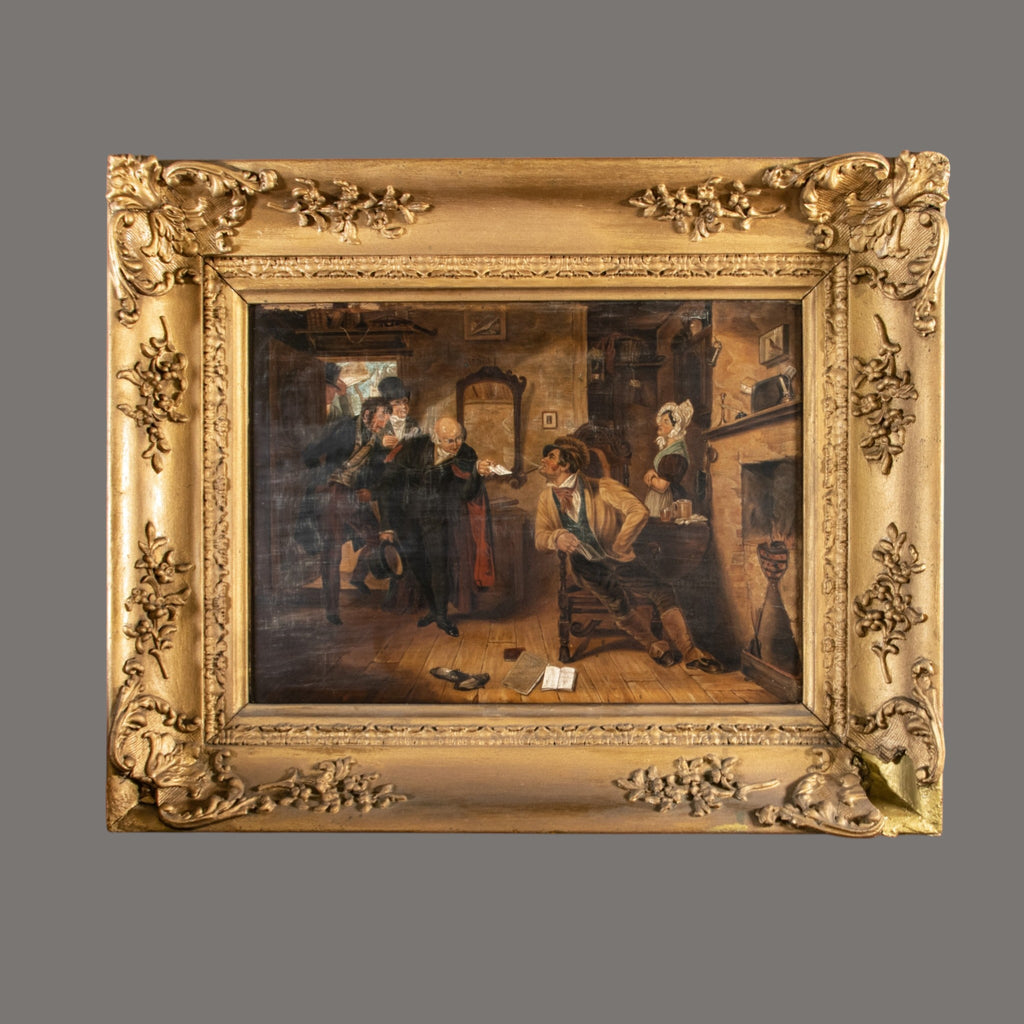Antique Painting, Victorian Interior Scene, Vote Canvassing, 19th Century