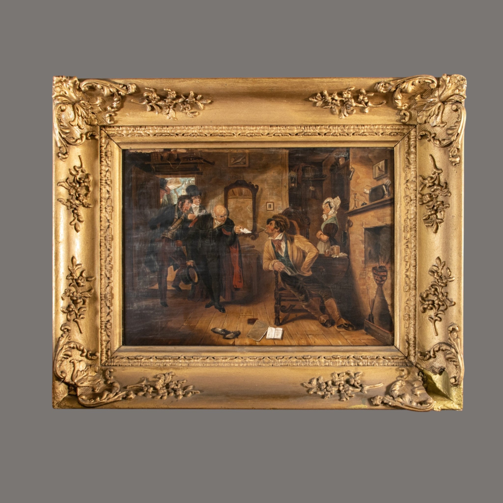 Antique Painting, Victorian Interior Scene, Vote Canvassing, 19th Century
