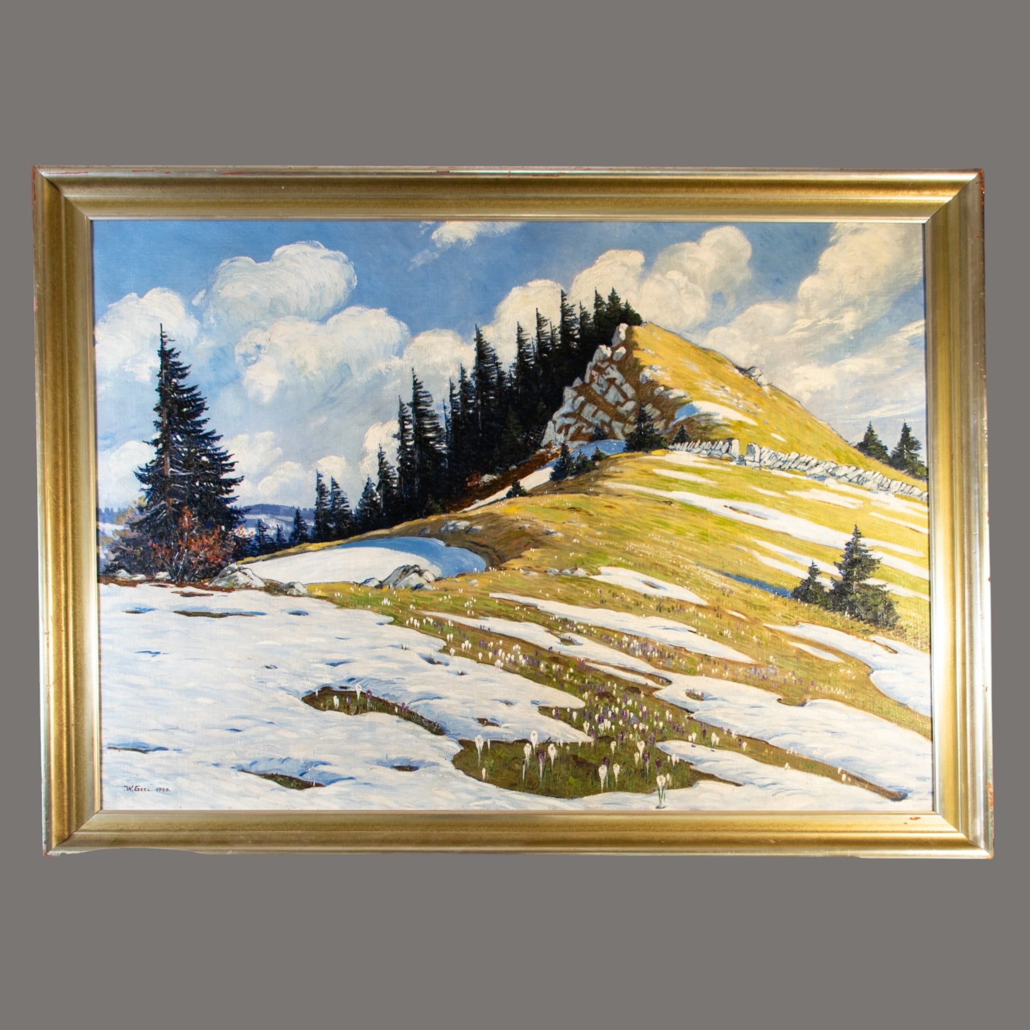 Antique Oil Painting, Swiss Mountain Scene, Racine, signed, Werner Geel, 1889-1937