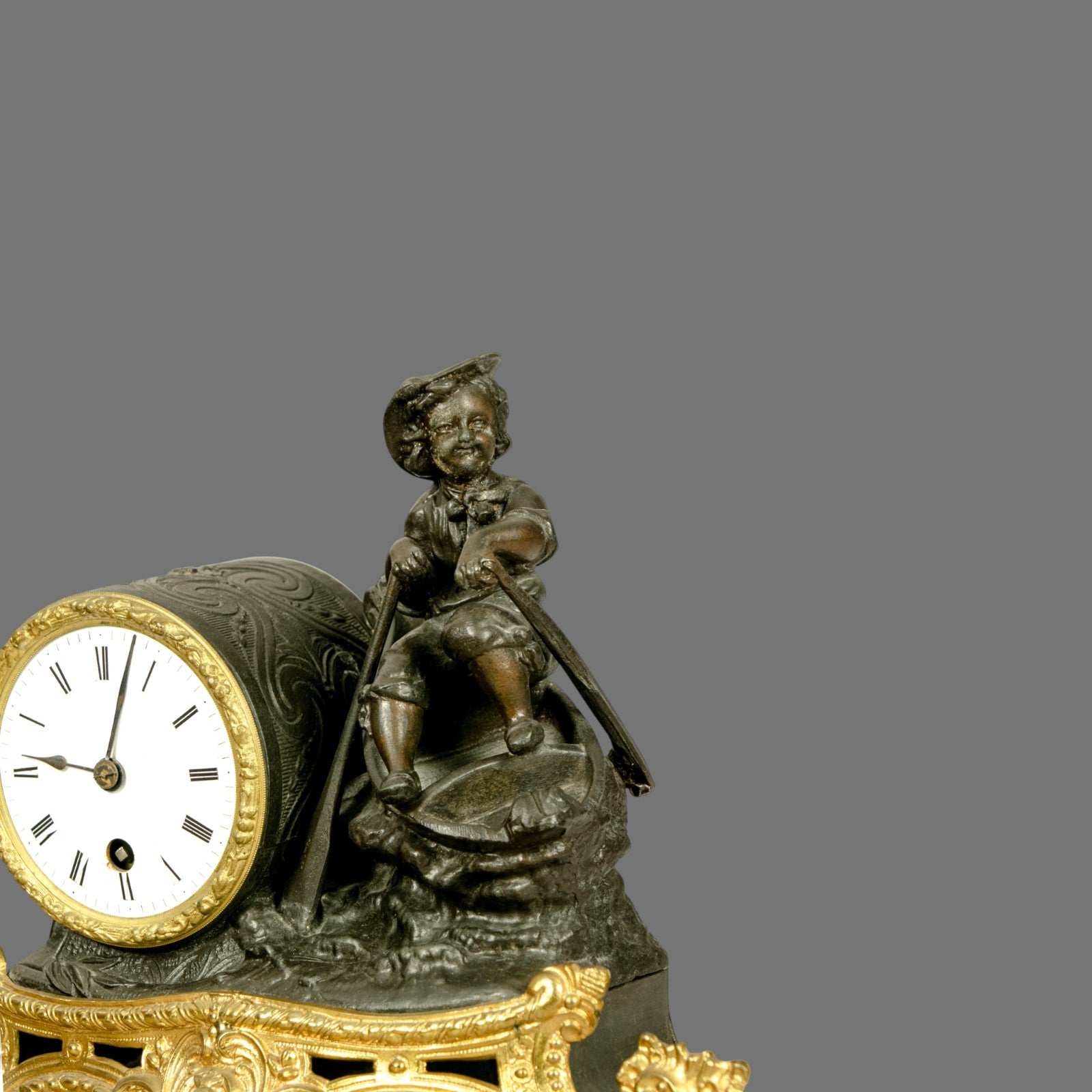 Mantle Clock, Late 19th Century, Sculptural Clock, Brass and Gilded