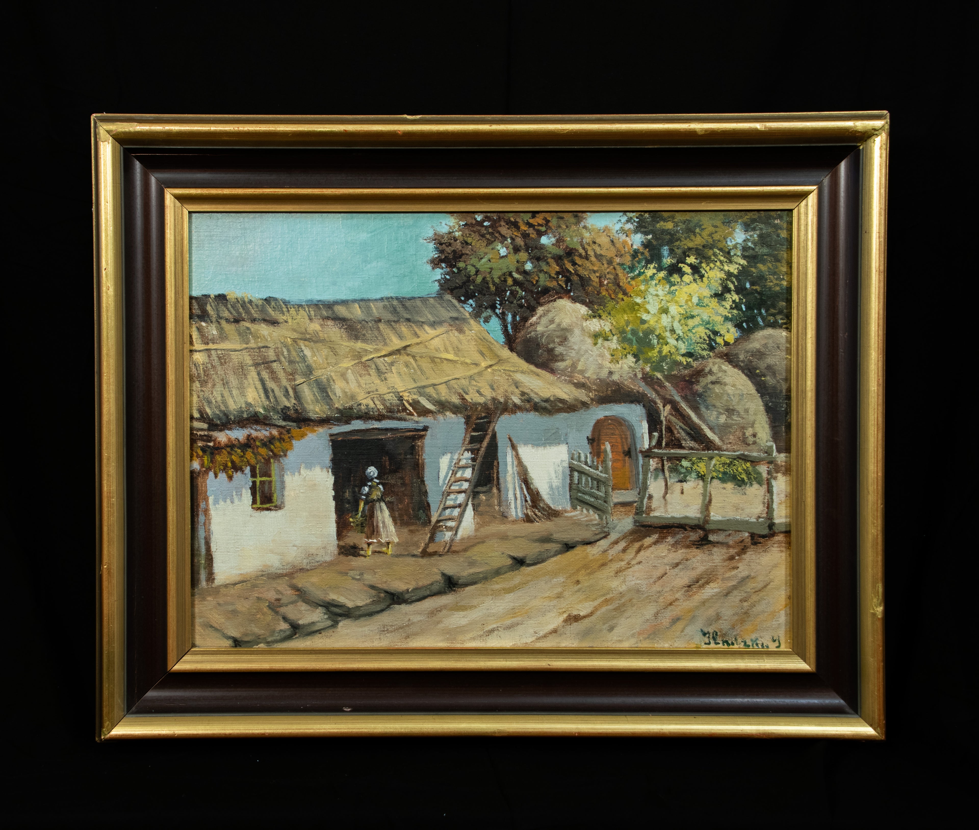 Oil Painting, Thatched House, East European, J Lnitzkoy, on canvas
