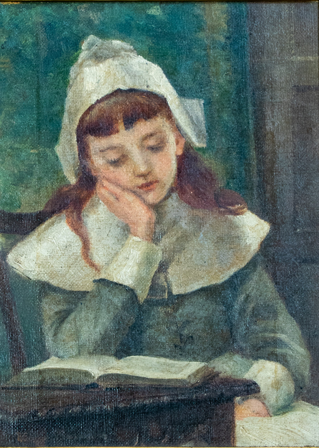Oil Painting, Contemplation, Girl Reading a book, signed Blanche MacArthur