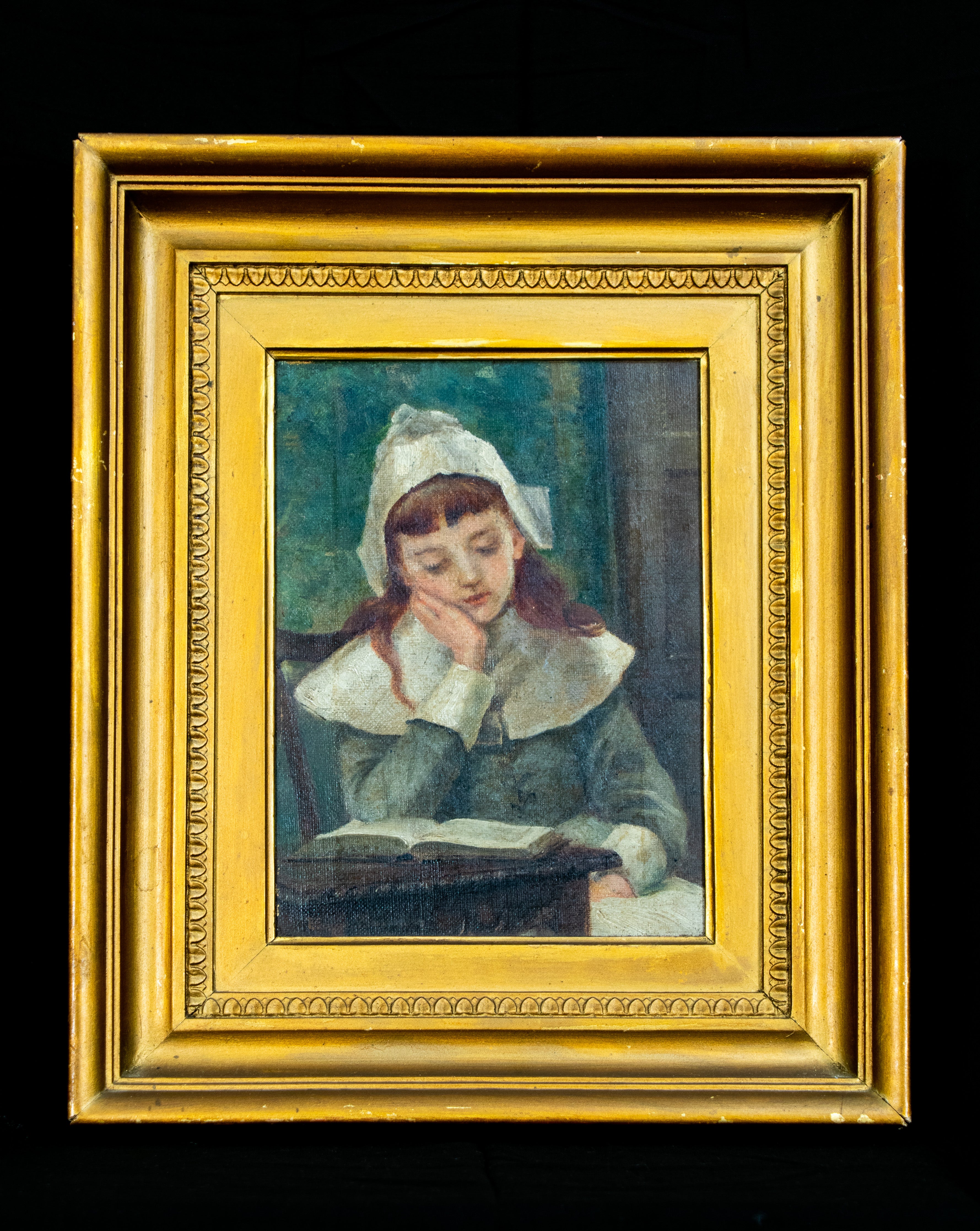 Oil Painting, Contemplation, Girl Reading a book, signed Blanche MacArthur