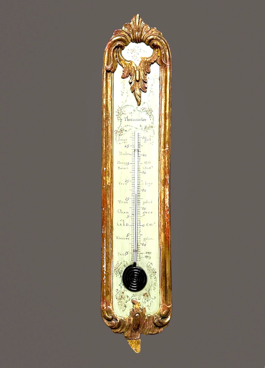 Thermometer, Antique, French, Alcohol, Ornate, Gilded Wood Case