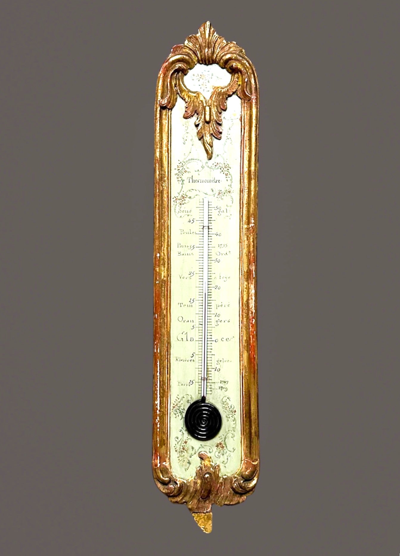 Thermometer, Antique, French, Alcohol, Ornate, Gilded Wood Case