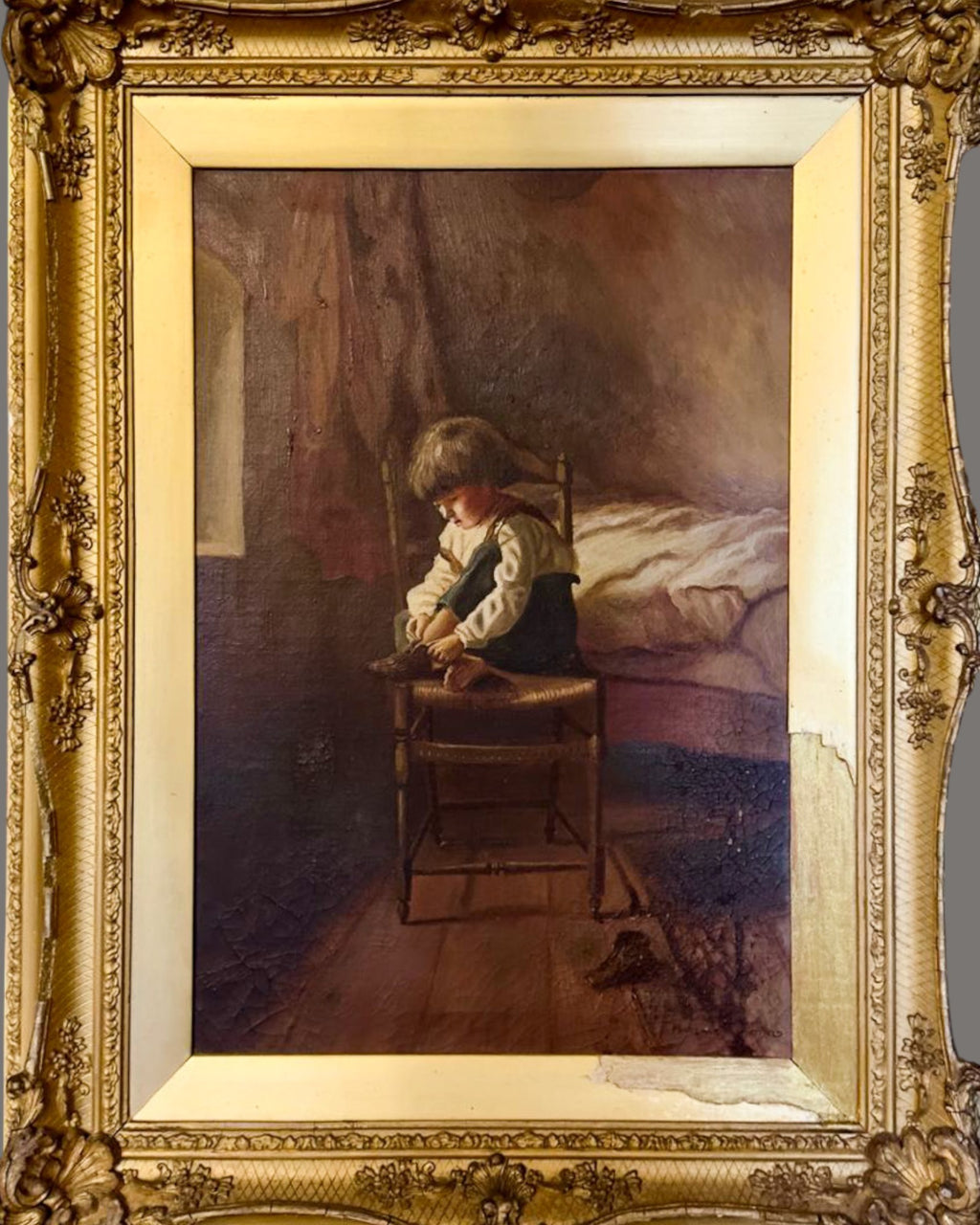 Oil Painting, Florence W Whitfield, Boy with his Shoe, Gilt framed