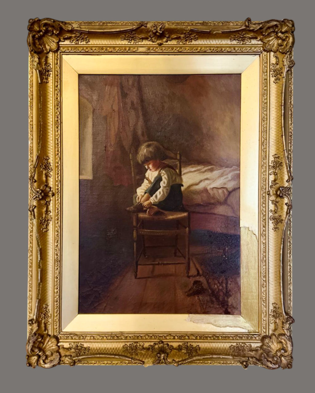 Oil Painting, Florence W Whitfield, Boy with his Shoe, Gilt framed