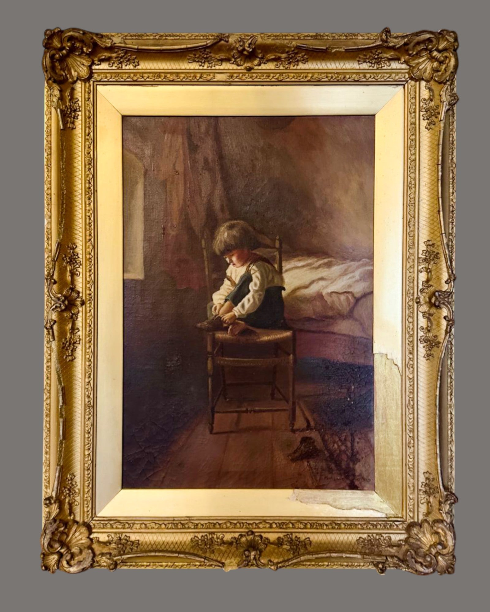 Oil Painting, Florence W Whitfield, Boy with his Shoe, Gilt framed