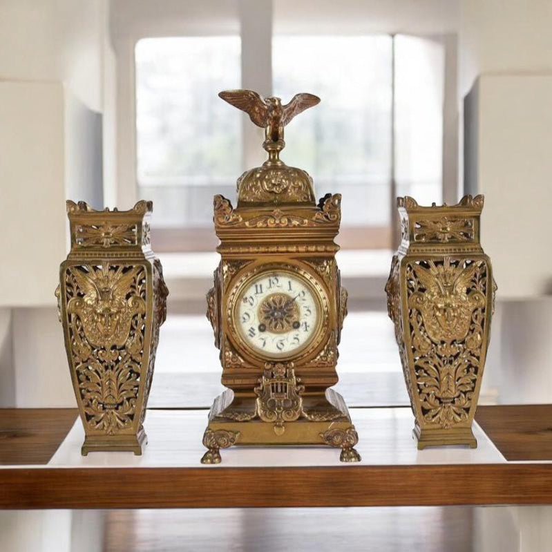 Mantle Clock, Antique, French, lacquered, brass,
