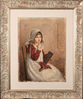 Water colour, Henry John Terry, 1818-1880, Girl with Chalk Antique 19th Century