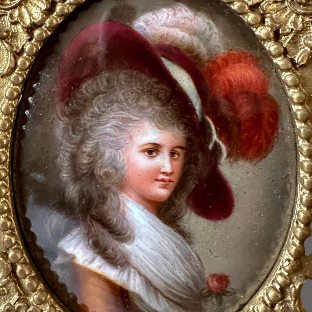Antique, 19thC, Painted Porcelain, Portrait, Duchess of Devonshire, After Gainsborough, Rococo Gilt Frame