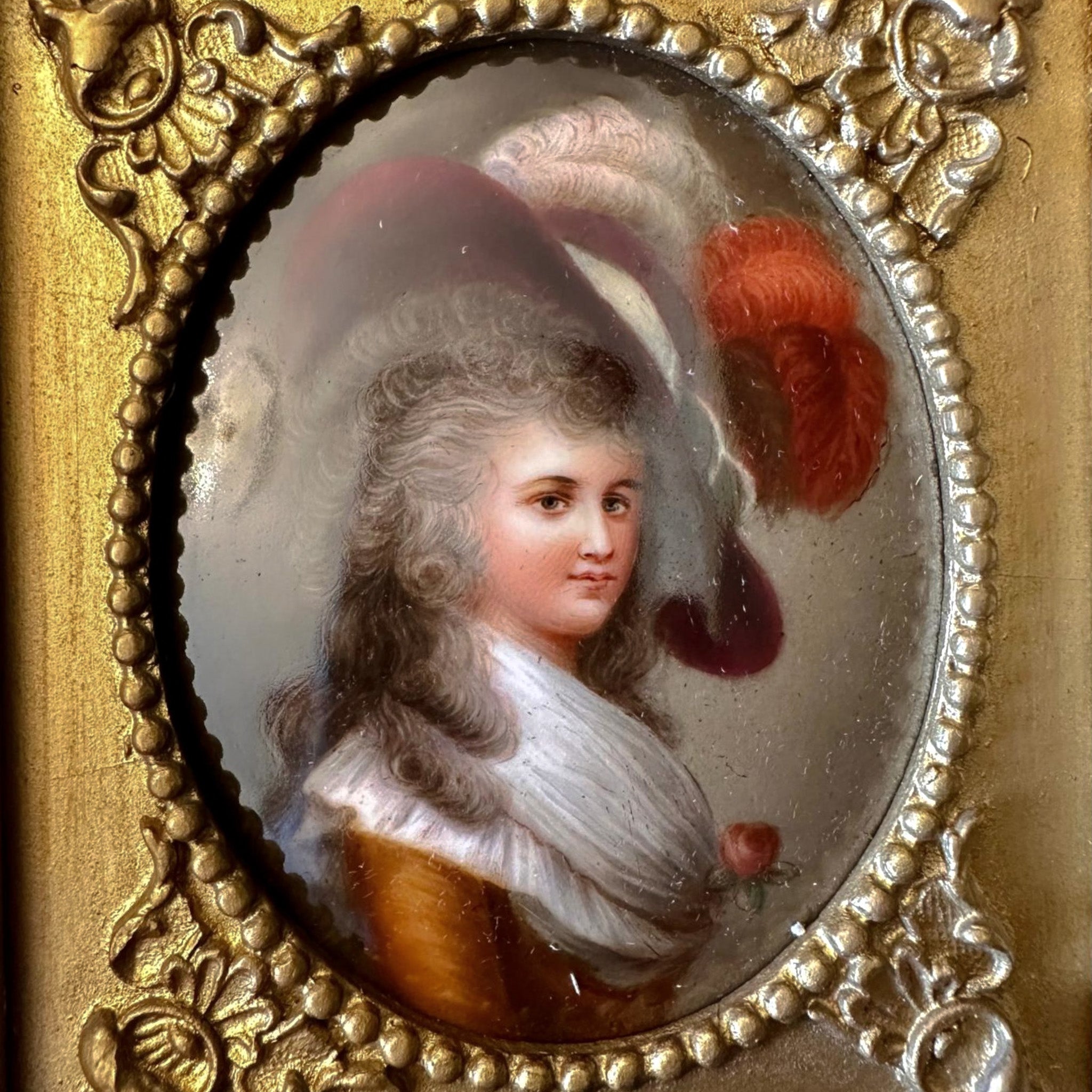 Antique, 19thC, Painted Porcelain, Portrait, Duchess of Devonshire, After Gainsborough, Rococo Gilt Frame