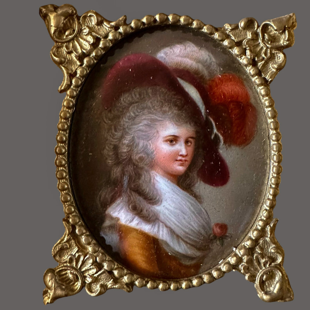 Antique, 19thC, Painted Porcelain, Portrait, Duchess of Devonshire, After Gainsborough, Rococo Gilt Frame