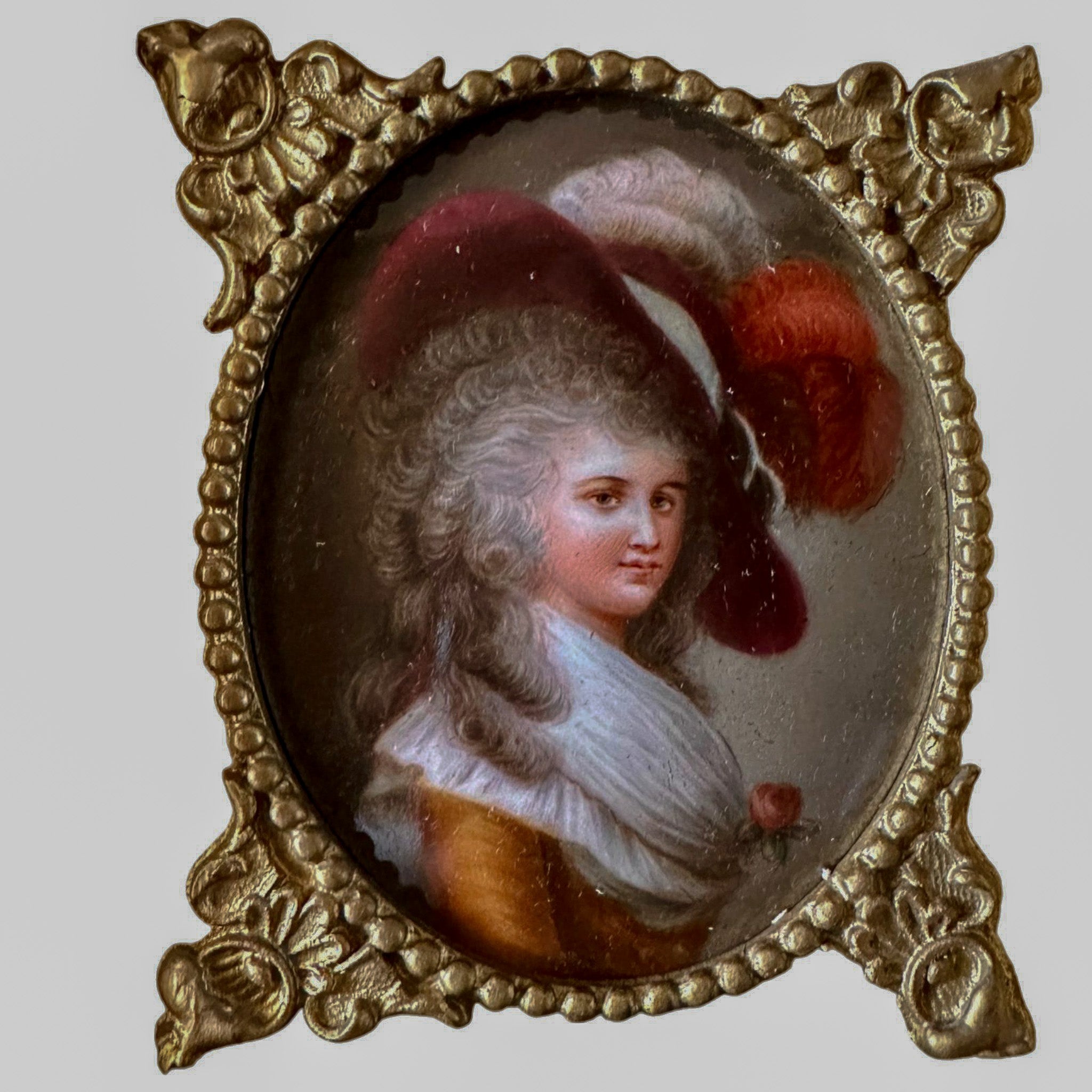 Antique, 19thC, Painted Porcelain, Portrait, Duchess of Devonshire, After Gainsborough, Rococo Gilt Frame