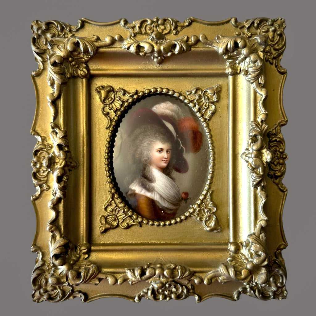Antique, 19thC, Painted Porcelain, Portrait, Duchess of Devonshire, After Gainsborough, Rococo Gilt Frame