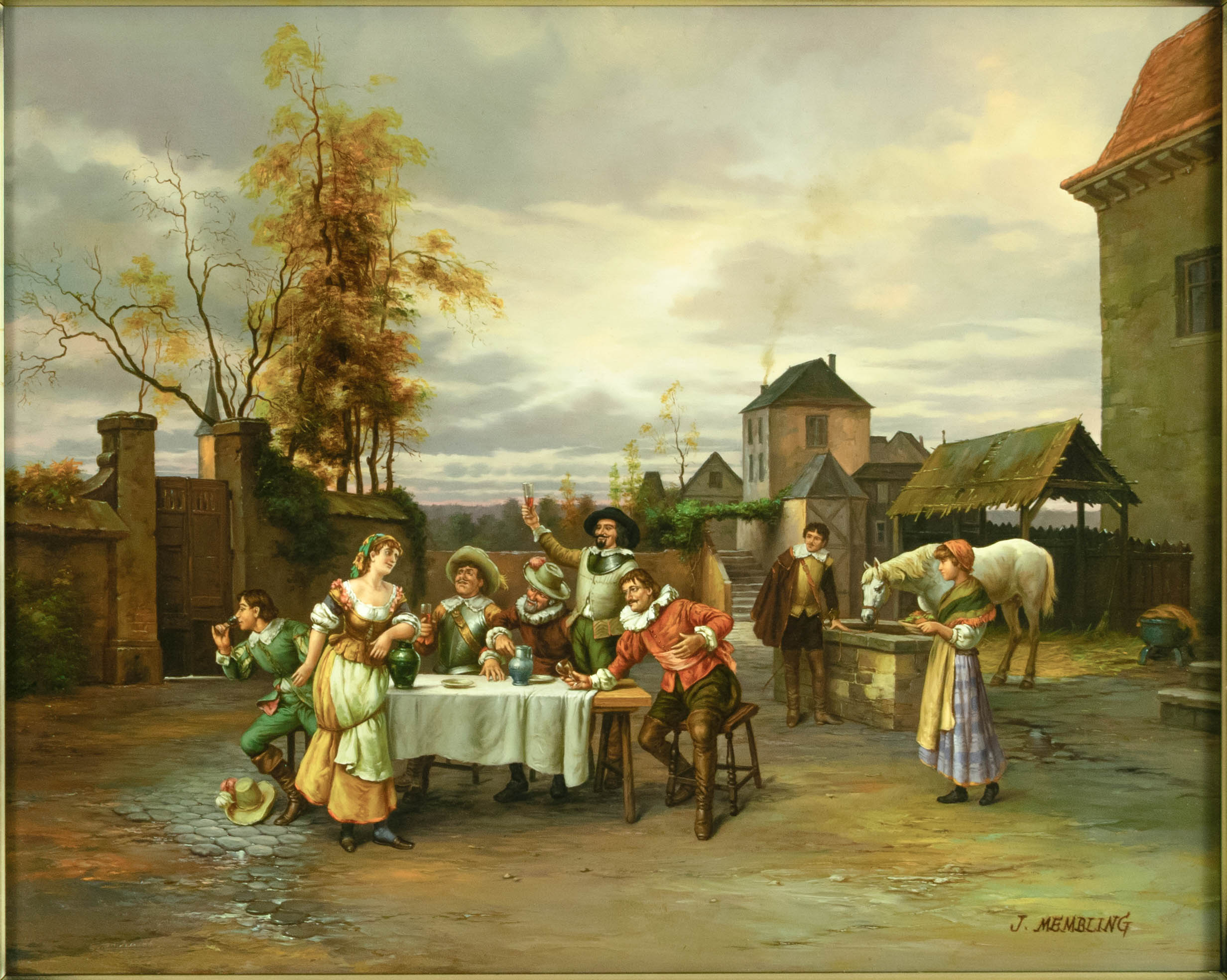 Antique Oil Painting, English, signed, A Lively evening at the Tavern, Membling