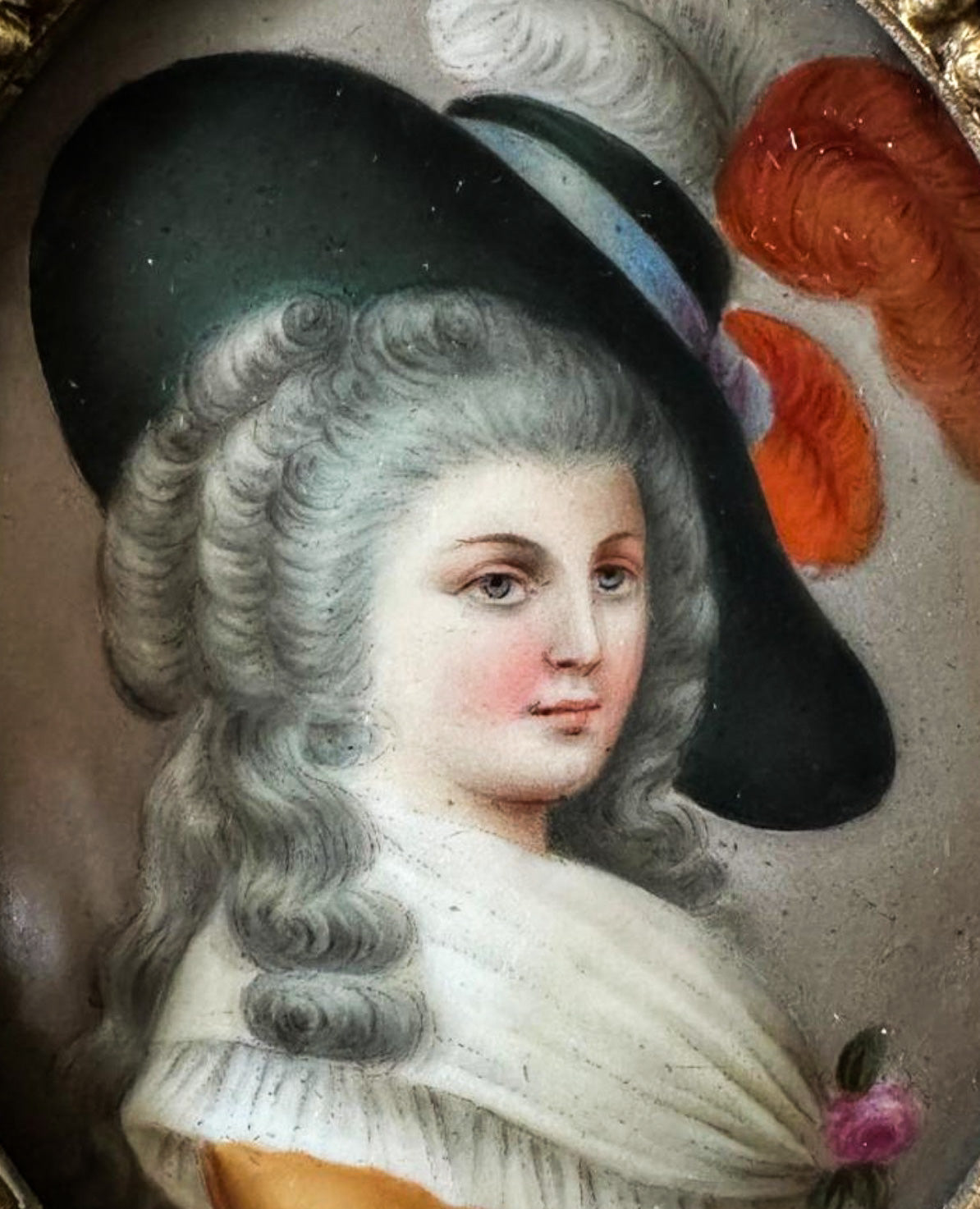 Antique, 19thC, Painted Porcelain Portrait, Plaque, Duchess of Devonshire After Gainsborough, Rococo Gilt Frame,
