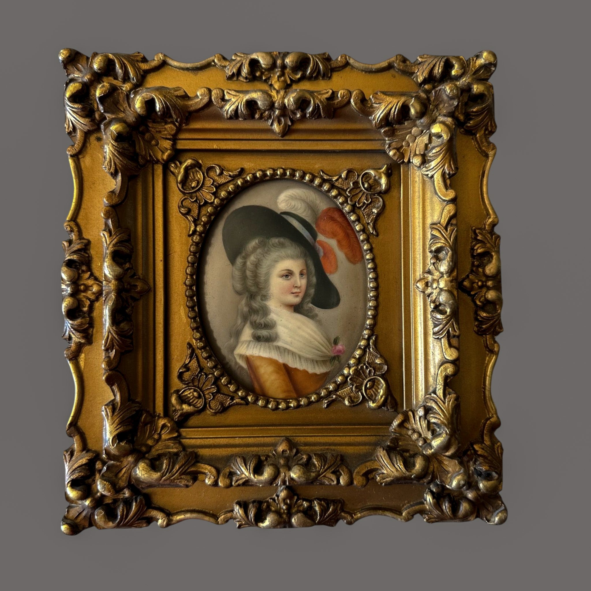 Antique, 19thC, Painted Porcelain Portrait, Plaque, Duchess of Devonshire After Gainsborough, Rococo Gilt Frame,