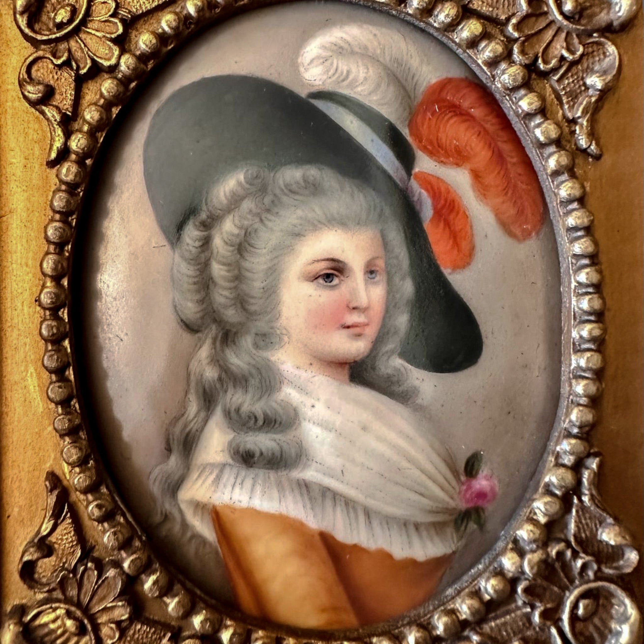 Antique, 19thC, Painted Porcelain Portrait, Plaque, Duchess of Devonshire After Gainsborough, Rococo Gilt Frame,