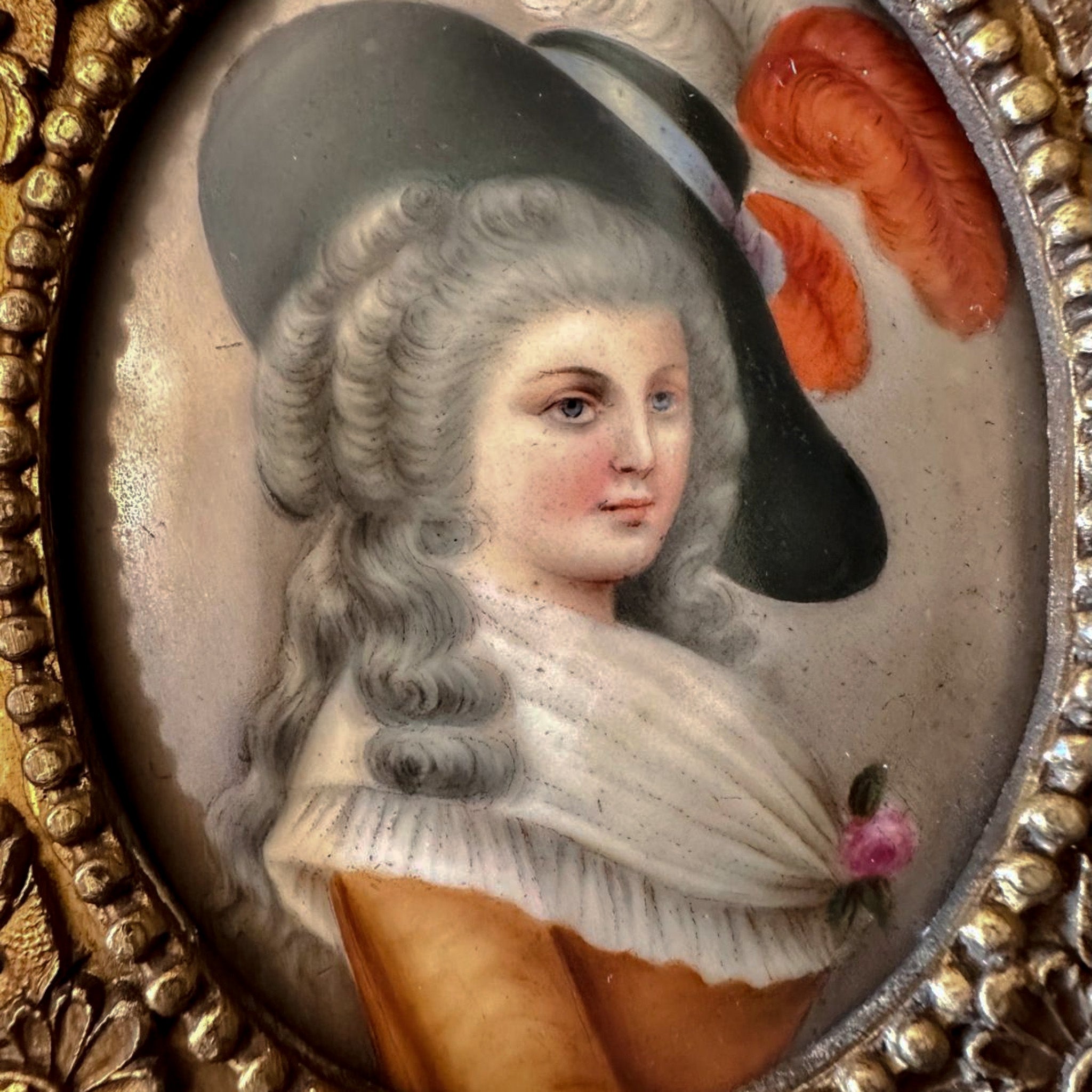 Antique, 19thC, Painted Porcelain Portrait, Plaque, Duchess of Devonshire After Gainsborough, Rococo Gilt Frame,