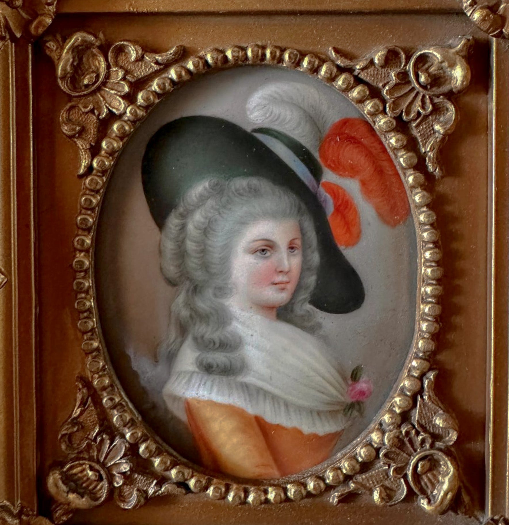 Antique, 19thC, Painted Porcelain Portrait, Plaque, Duchess of Devonshire After Gainsborough, Rococo Gilt Frame,