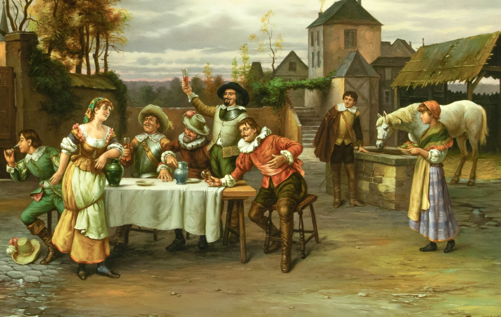 Antique Oil Painting, English, signed, A Lively evening at the Tavern, Membling