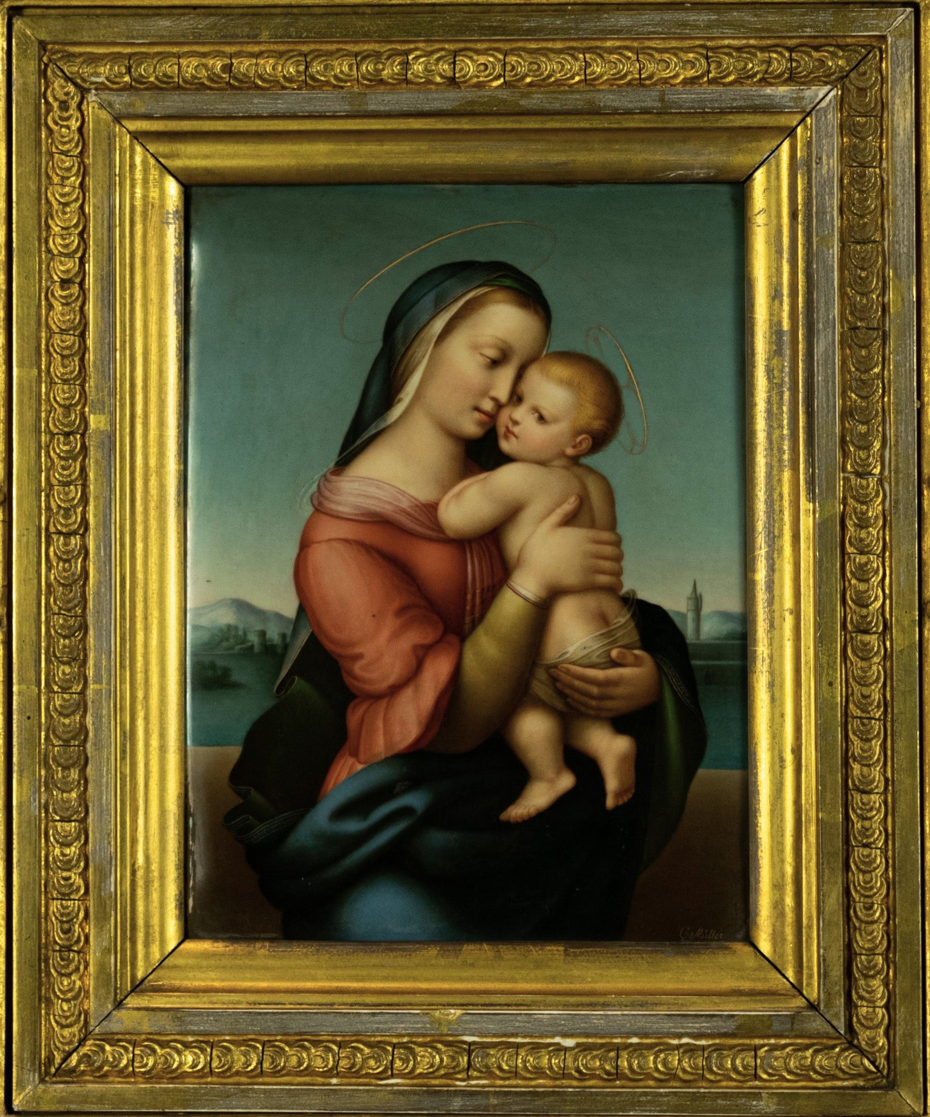 PorcelainPainting Madonna with Infant gilt framed KMP