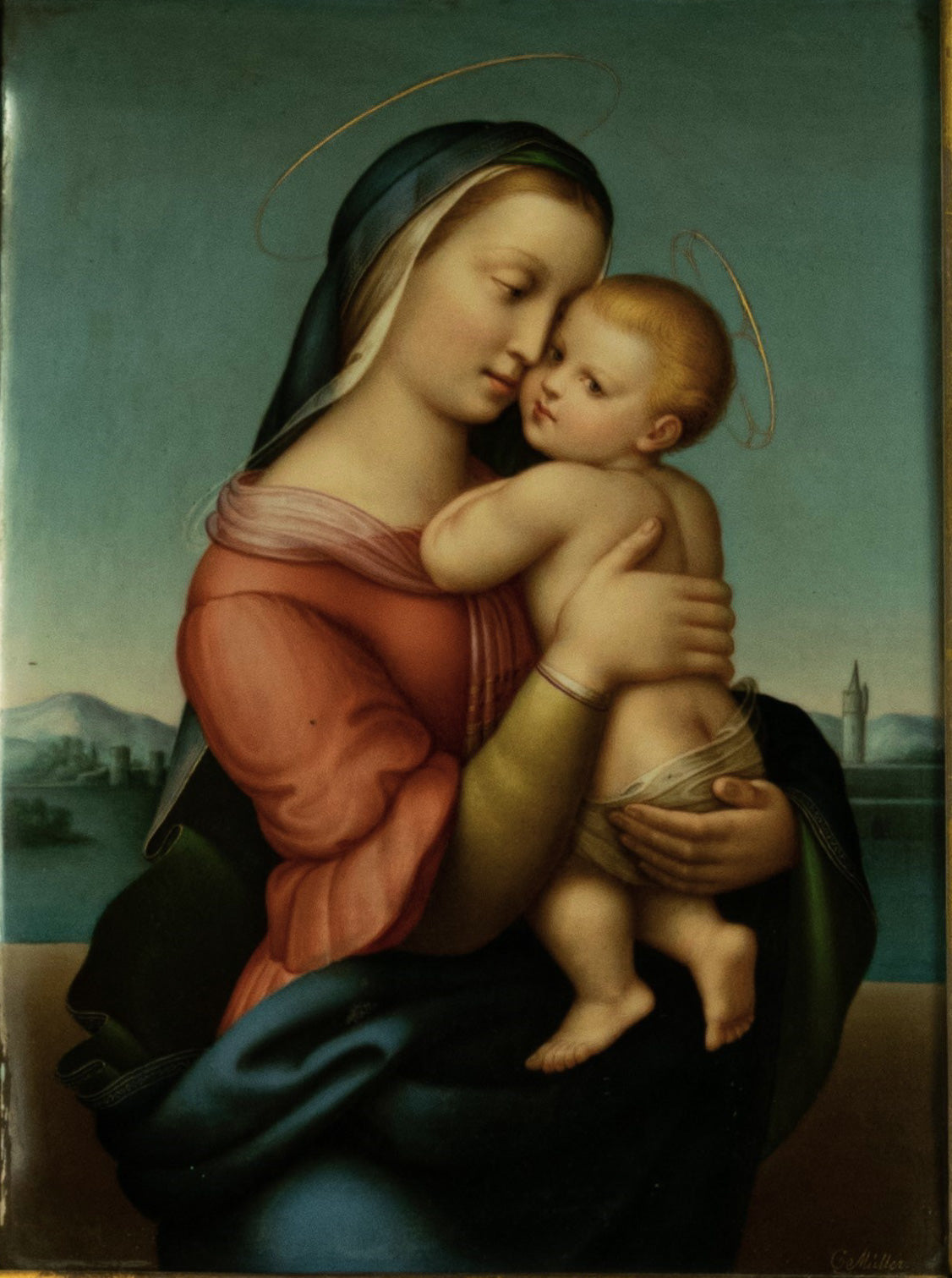 PorcelainPainting Madonna with Infant gilt framed KMP