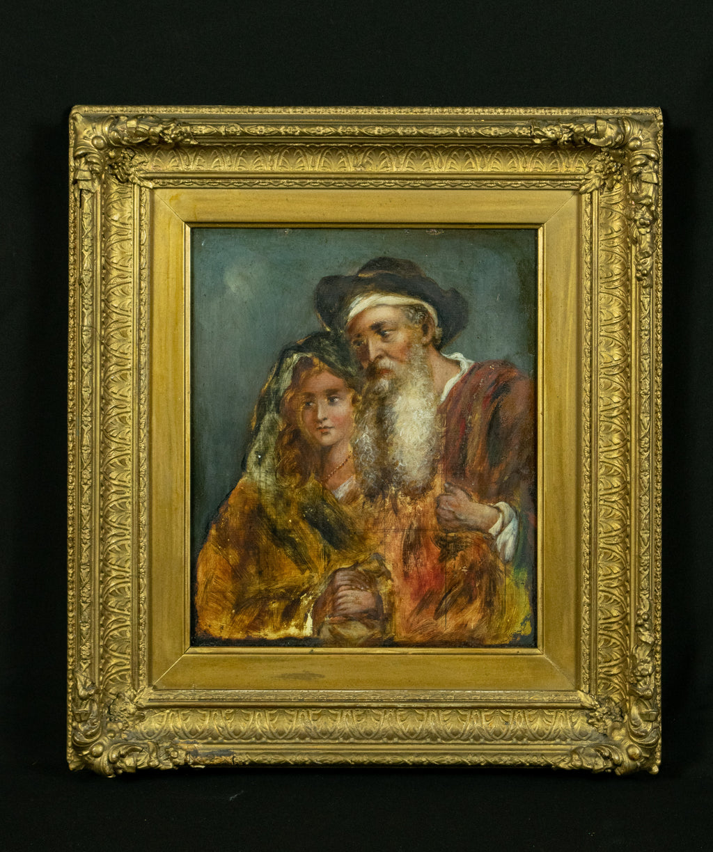Oil Painting, Antique, Intimate Moment: Grandfather and Granddaughter