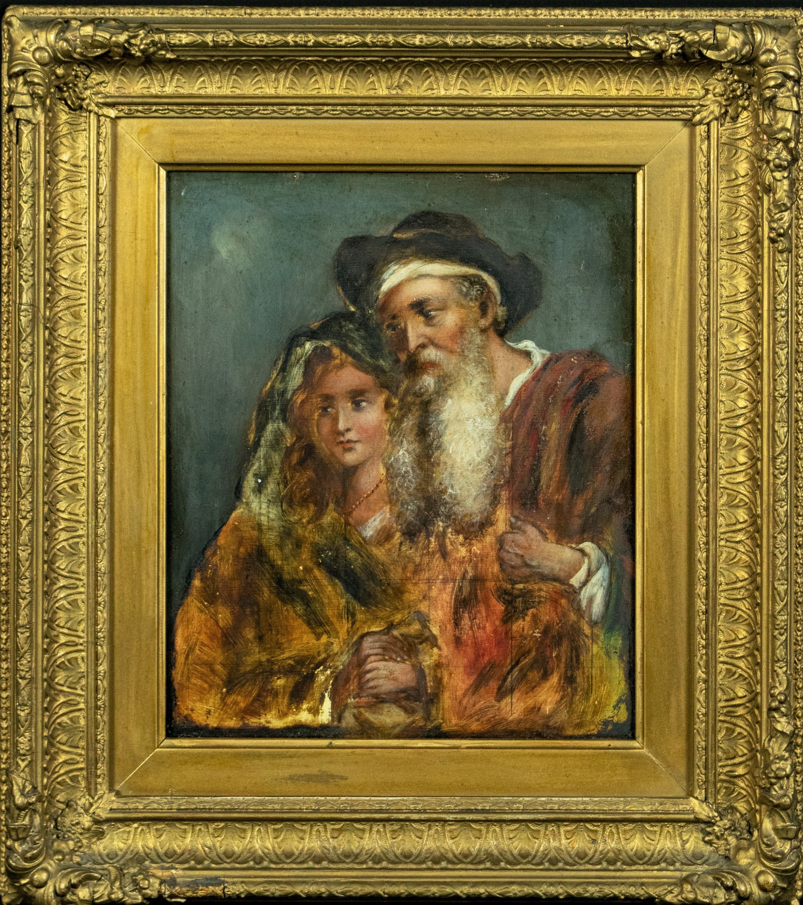 Oil Painting, Antique, Intimate Moment: Grandfather and Granddaughter