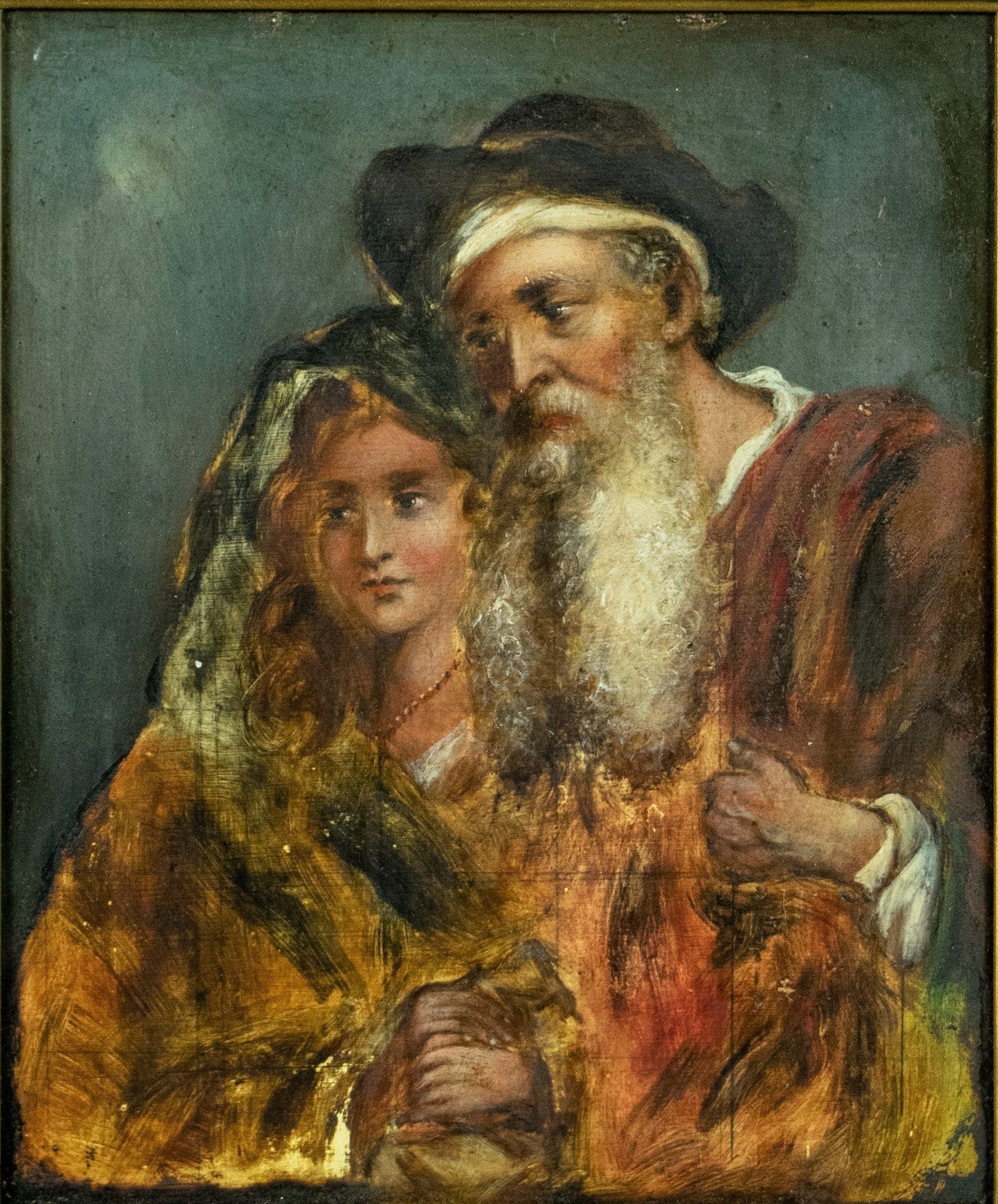 Oil Painting, Antique, Intimate Moment: Grandfather and Granddaughter