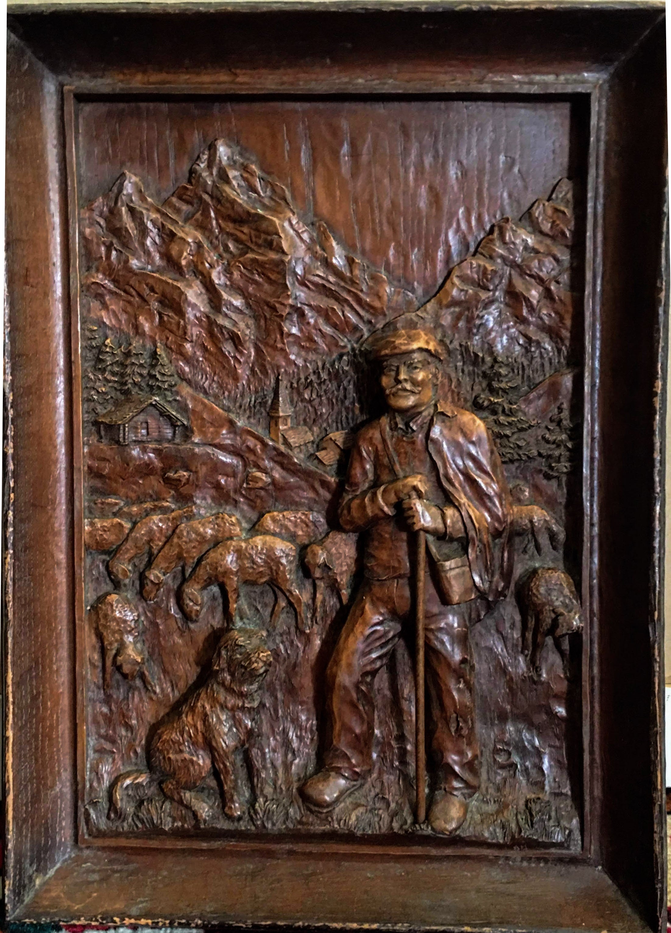 Wood carving Antique Mountain scene Continental Shepherd with Dog