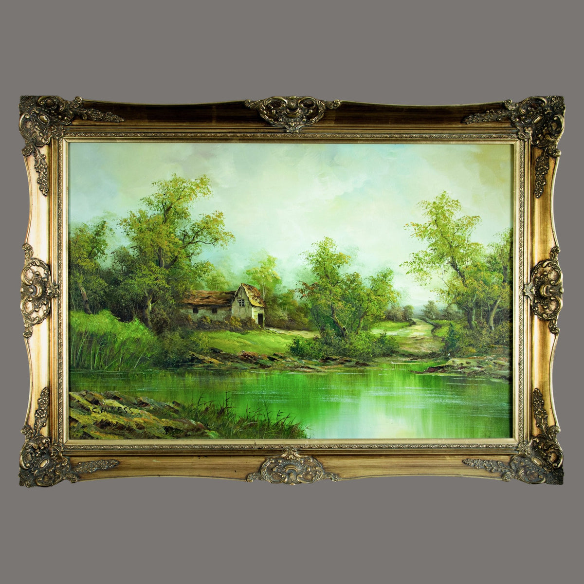 Original Oil Painting 'Serene River Landscape with Cottage' | Signed Clara Davis Innes | American Impressionist | Ornate Gilt Frame | 108×77cm