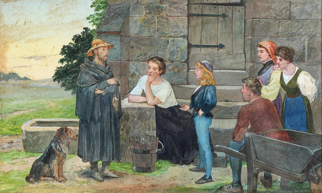 Antique, Watercolour, signed, dated 1892, Pilgrim Monk with Villagers,Charles baerfield
