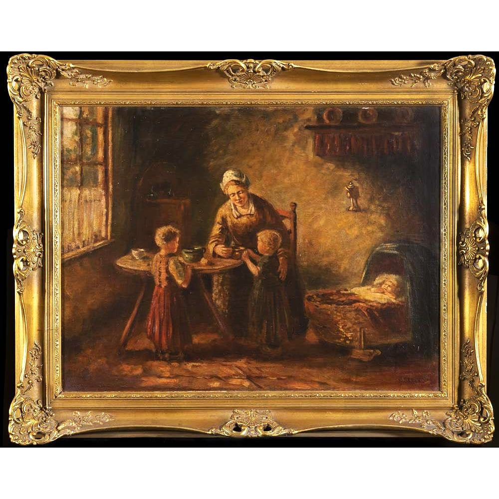 Oil Painting, Antique, German, Mother and Children in a Cottage, signed
