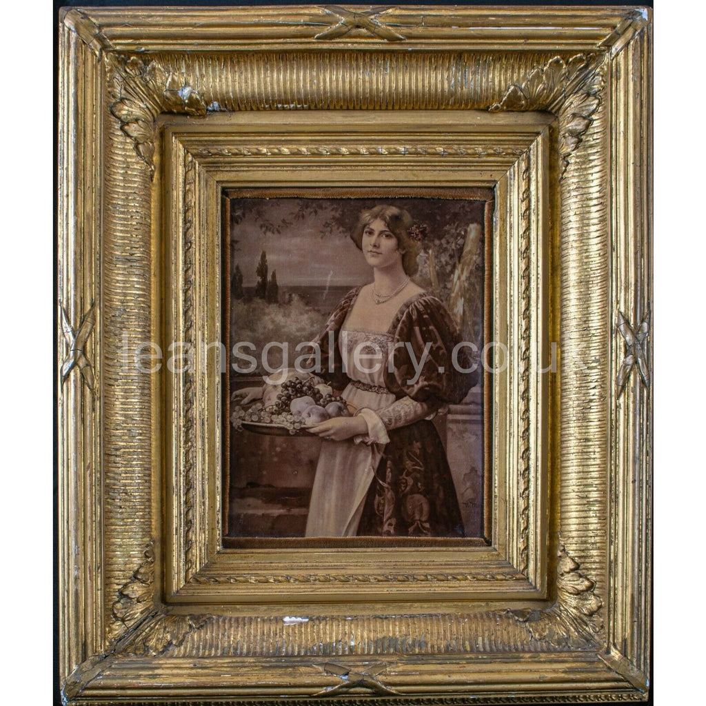 Antique, Chrystoleagram, Lady with fruit Tray, Gilt Framed