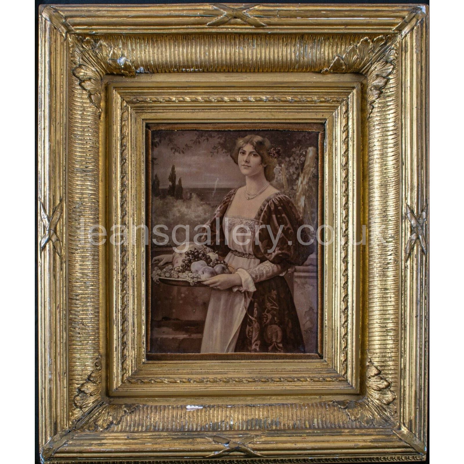 Antique, Chrystoleagram, Lady with fruit Tray, Gilt Framed