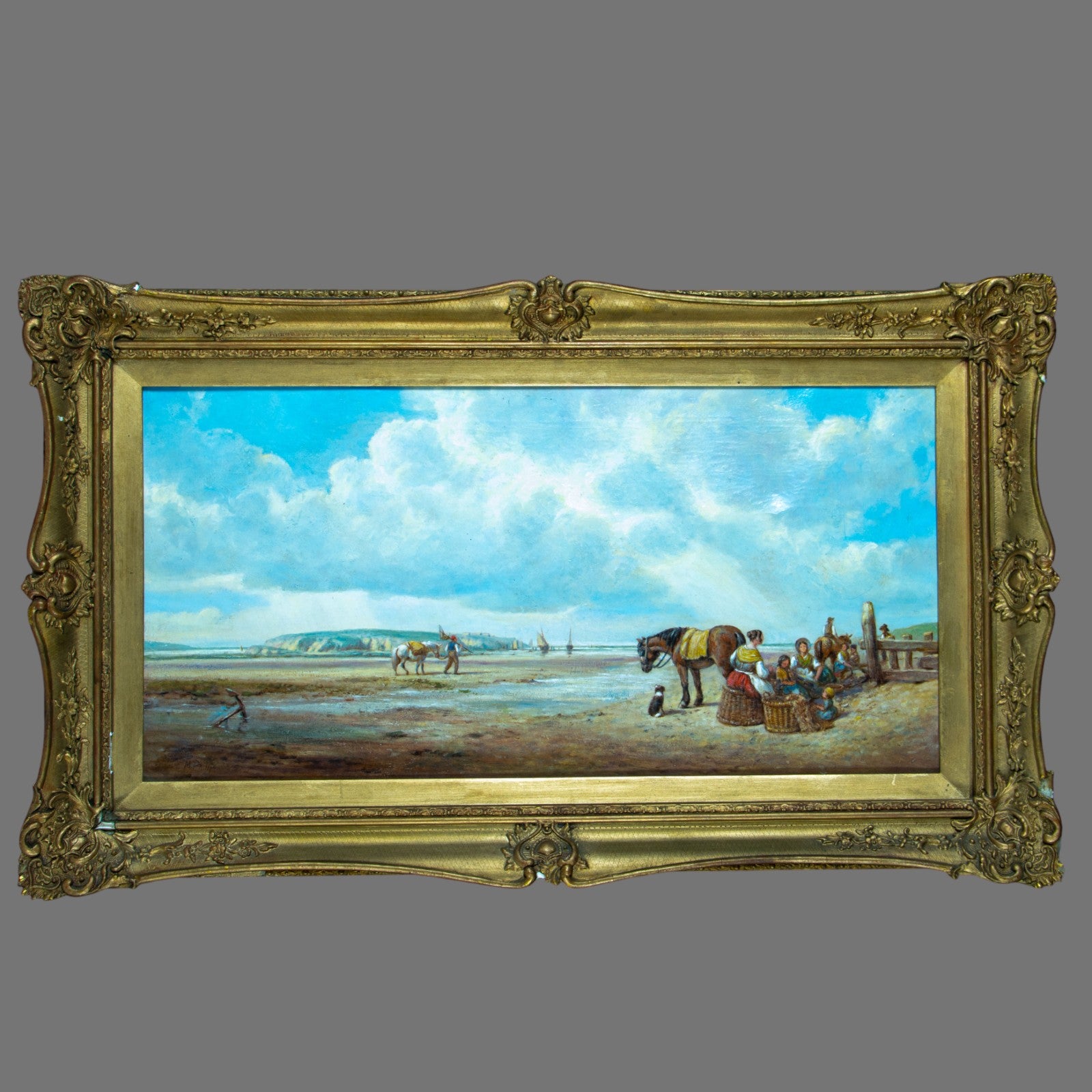 Oil Painting,  Canvas Antique, Fishing Families on the Beach at low tide, signed