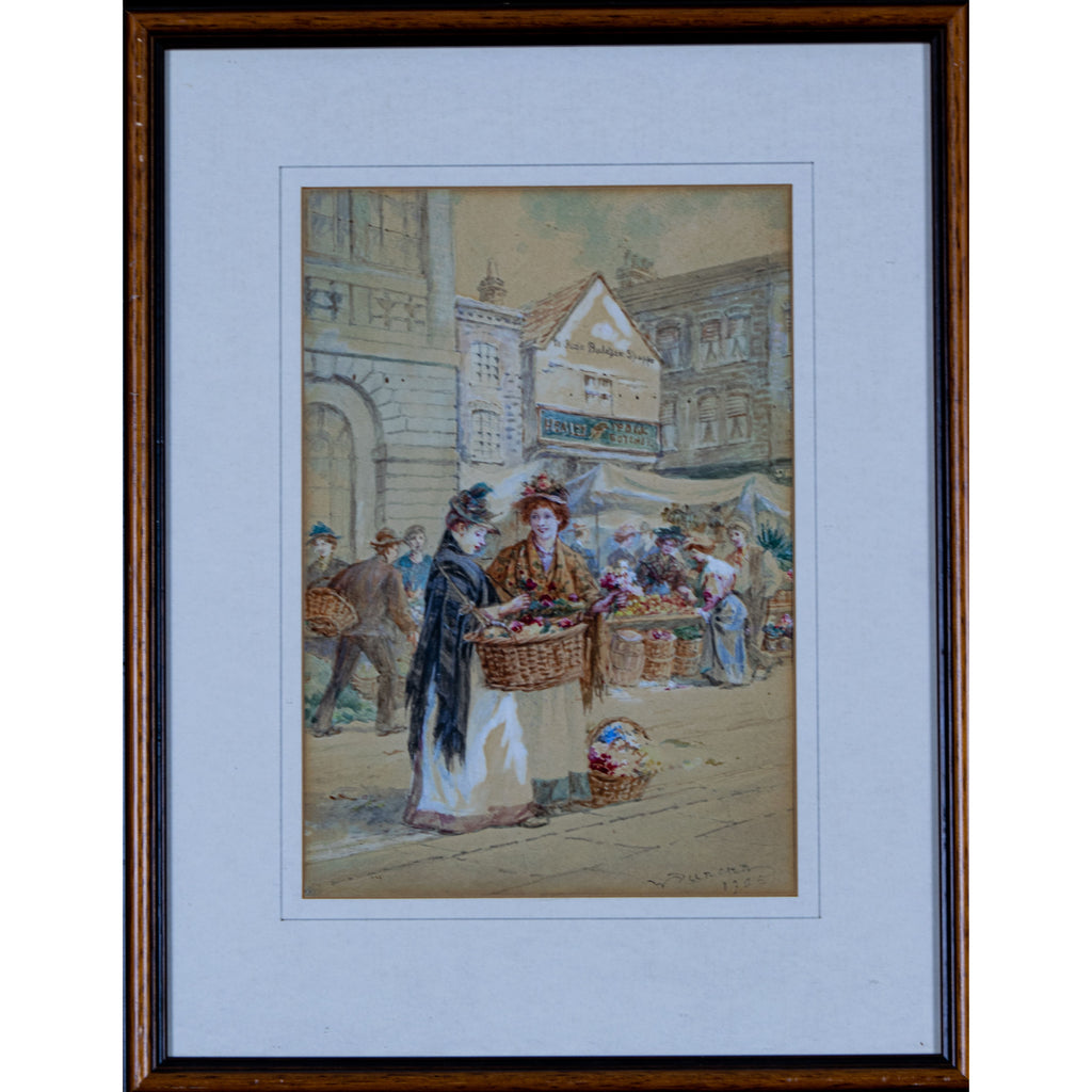 Watercolour painting, English Village scene, Flower sellers, Vintage