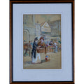 Watercolour painting, English Village scene, Flower sellers, Vintage