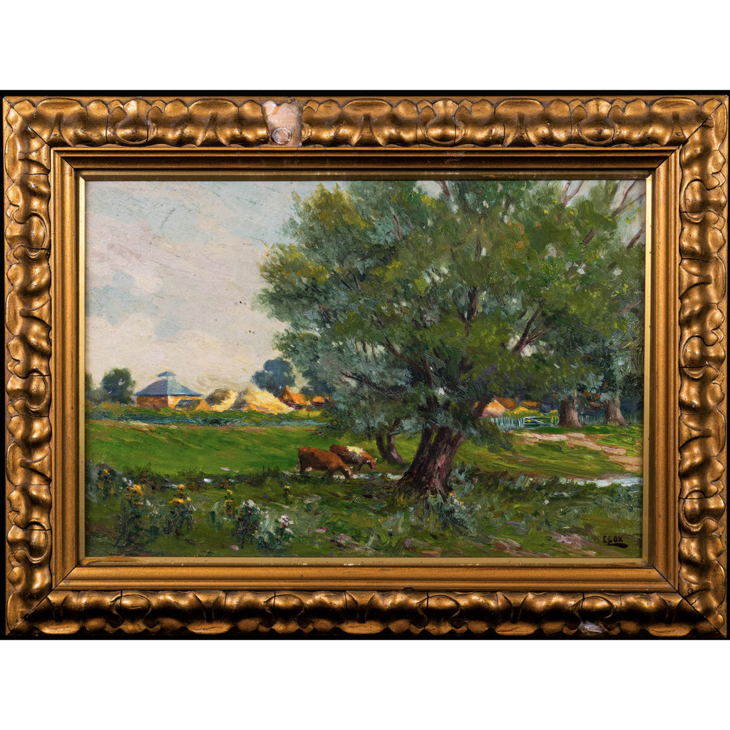 Oil painting Antique 'Cattle in Wilford' E Cox English School signed& gilt framed
