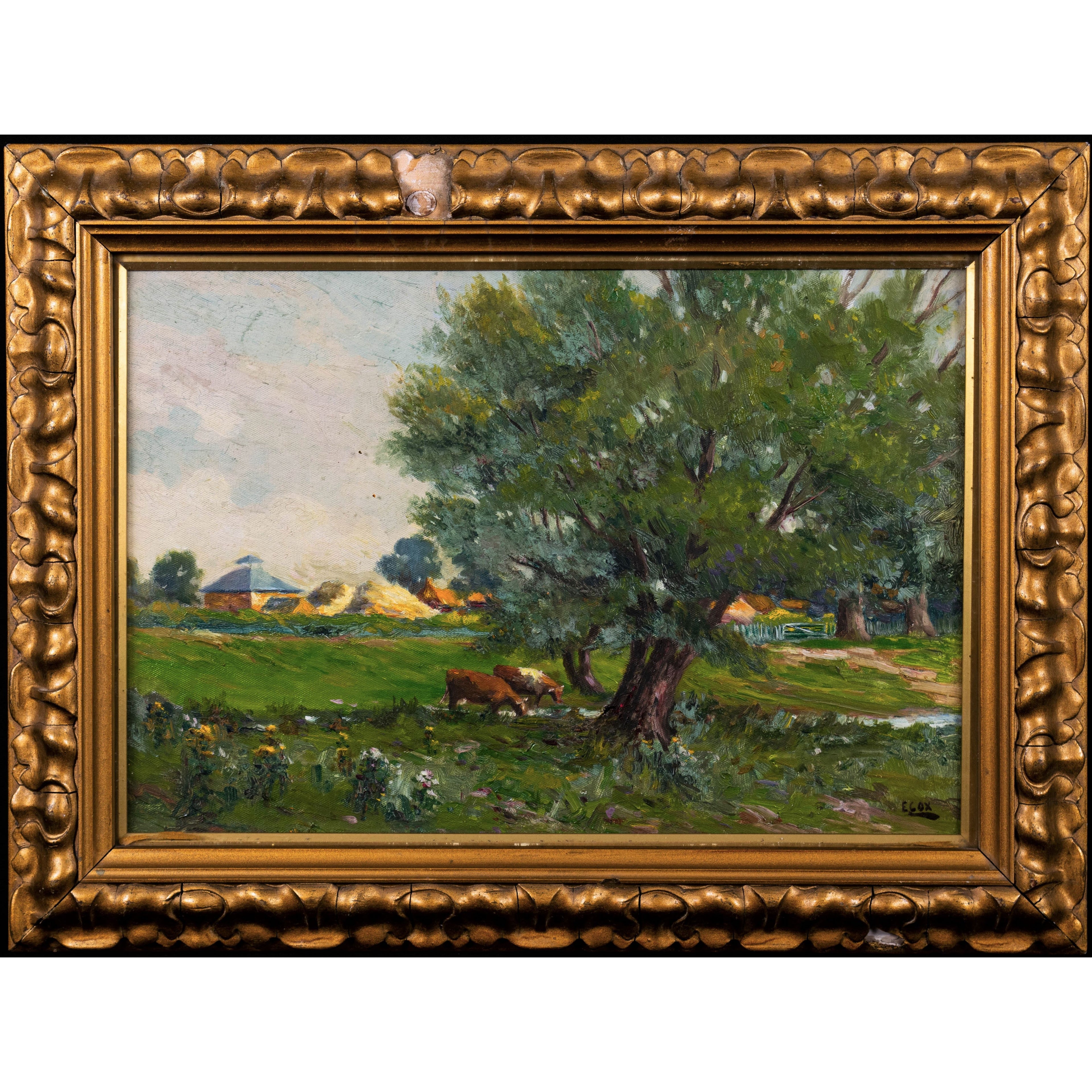 Oil painting Antique 'Cattle in Wilford' E Cox English School signed& gilt framed
