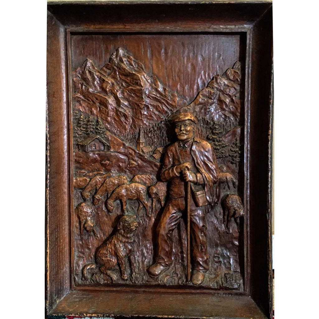 Wood carving Antique Mountain scene Continental Shepherd with Dog