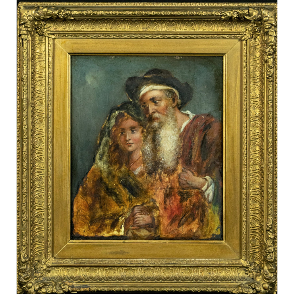 Oil Painting, Antique, Intimate Moment: Grandfather and Granddaughter
